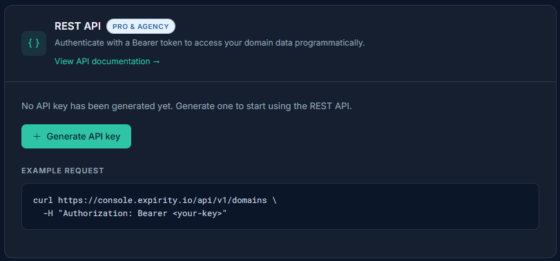 Integrations page showing a newly generated API key