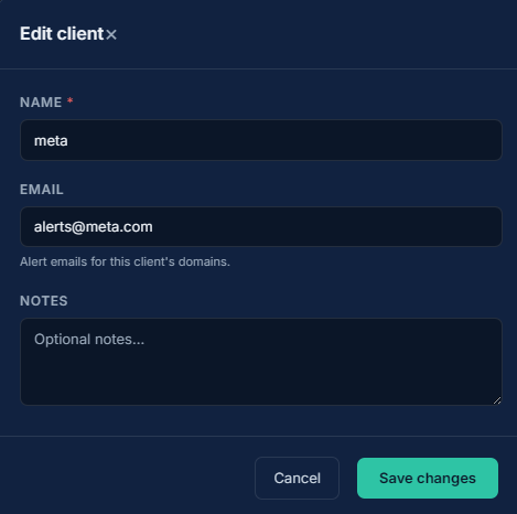 Client profile with an email field for alert routing