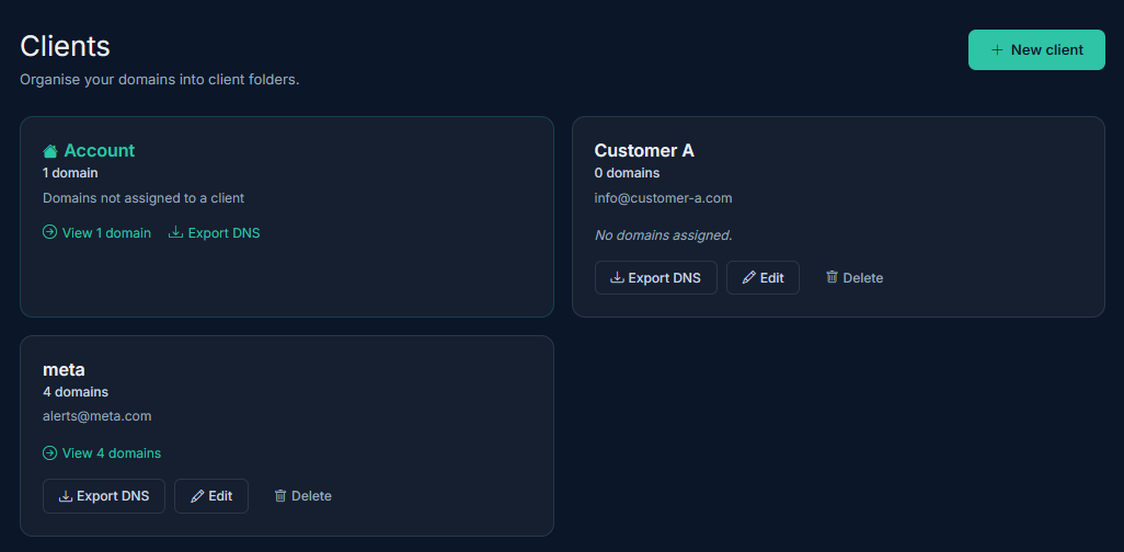 Clients page showing client cards with domain counts