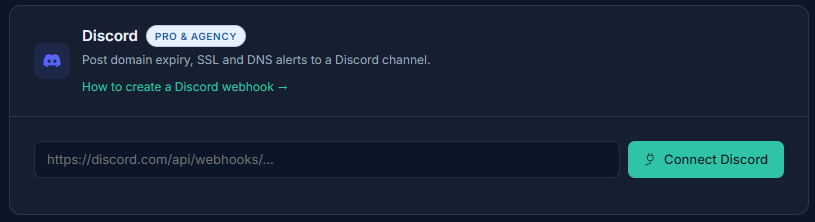Integrations page with the Discord connection card