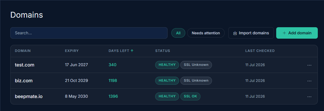 Domain row updating with expiry, registrar, and SSL data after the first check
