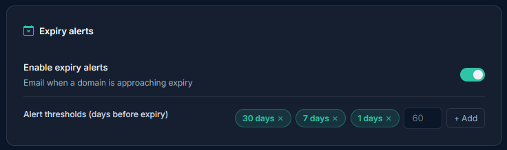 Notification threshold settings showing customizable day counts