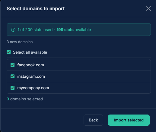 Import selection screen showing domains with already-added domains disabled
