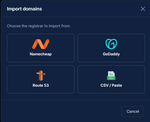 Import wizard registrar picker showing Namecheap, GoDaddy, Route 53, and CSV options
