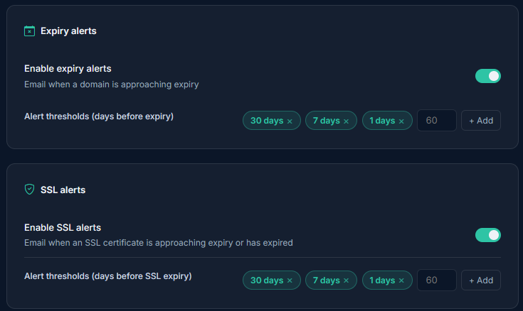 Notification settings page showing toggles and threshold inputs