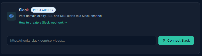 Integrations page with the Slack connection card