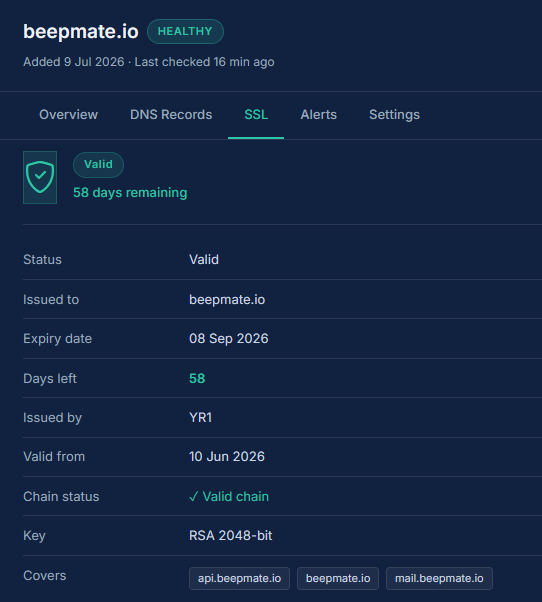 SSL certificate detail panel showing issuer, validity, and chain status