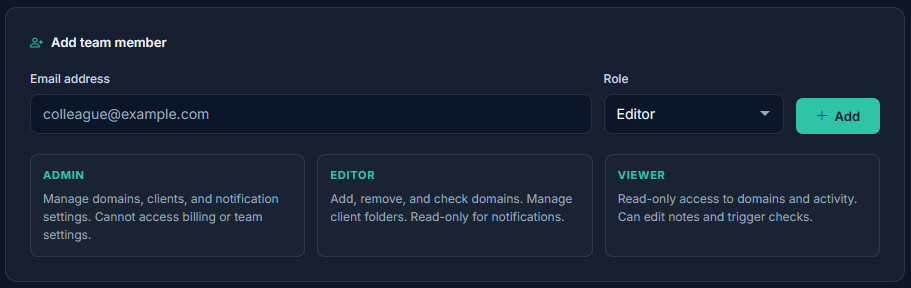 Team management page showing members with role dropdowns