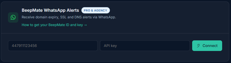 Integrations page with the WhatsApp (BeepMate) connection card